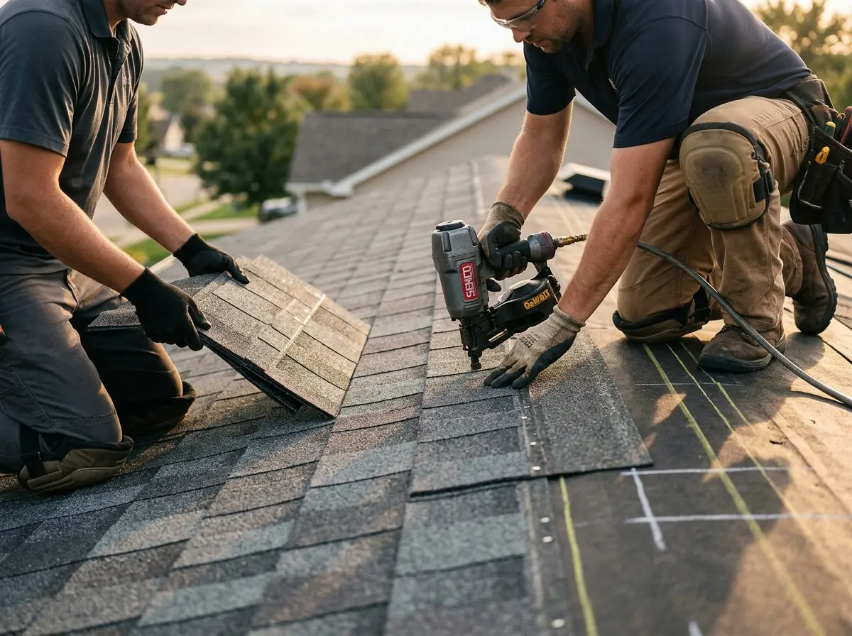 Professional roofer working on a residential roof in Watervliet